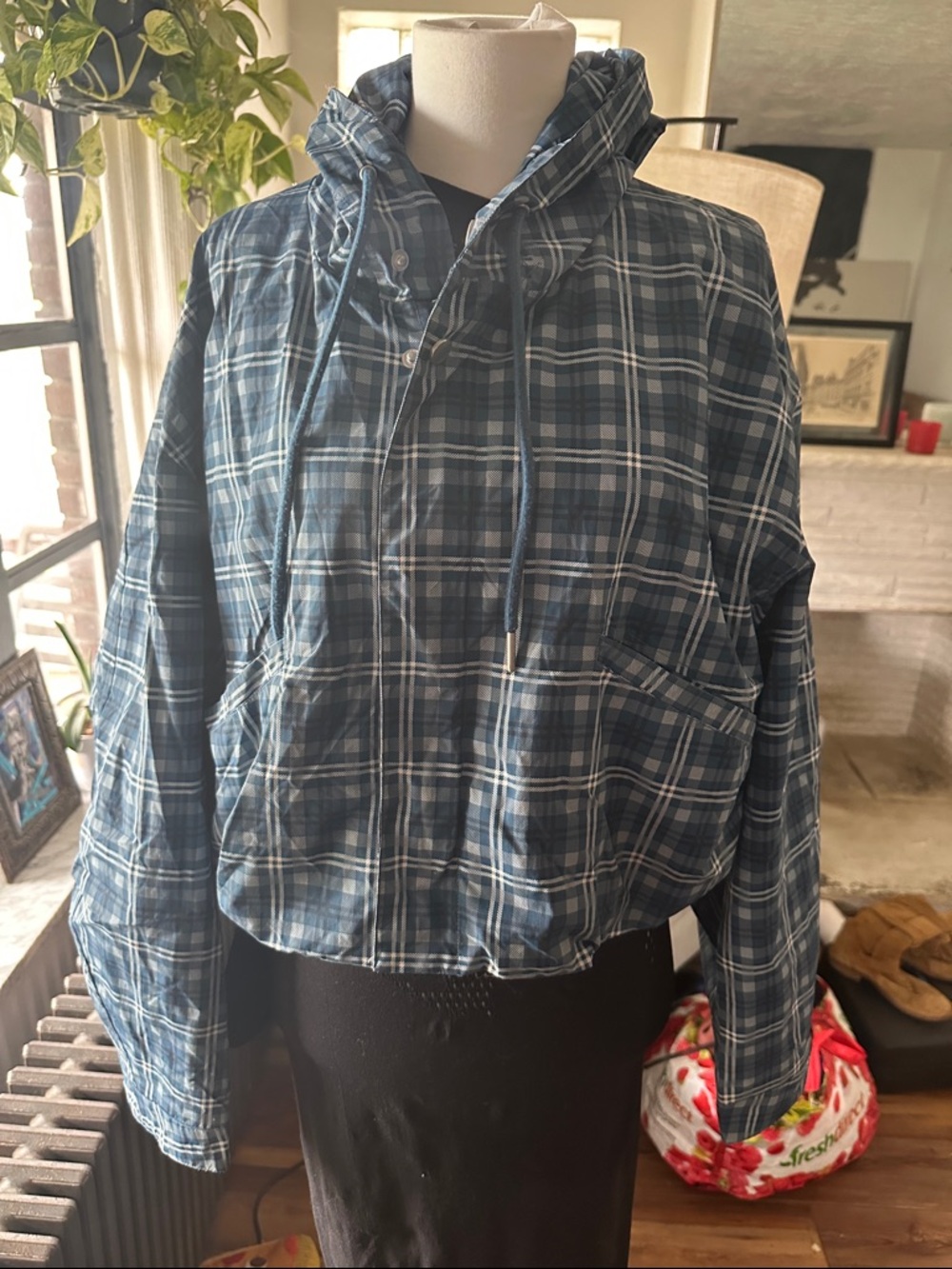 BDG Blue Plaid  Hooded Lightweight rain Jacket Large